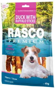 Pochoutka Rasco Premium buvolí kůže obalená kachním, tyčinky 80g