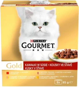 Gourmet Gold Multipack hovězí/krůta s kachnou/losos s kuřetem/kuře s játry ve šťávě 8x85g