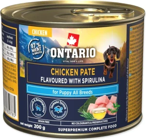 Konzerva Ontario Puppy kuřecí paté s příchutí spiruliny 200g
